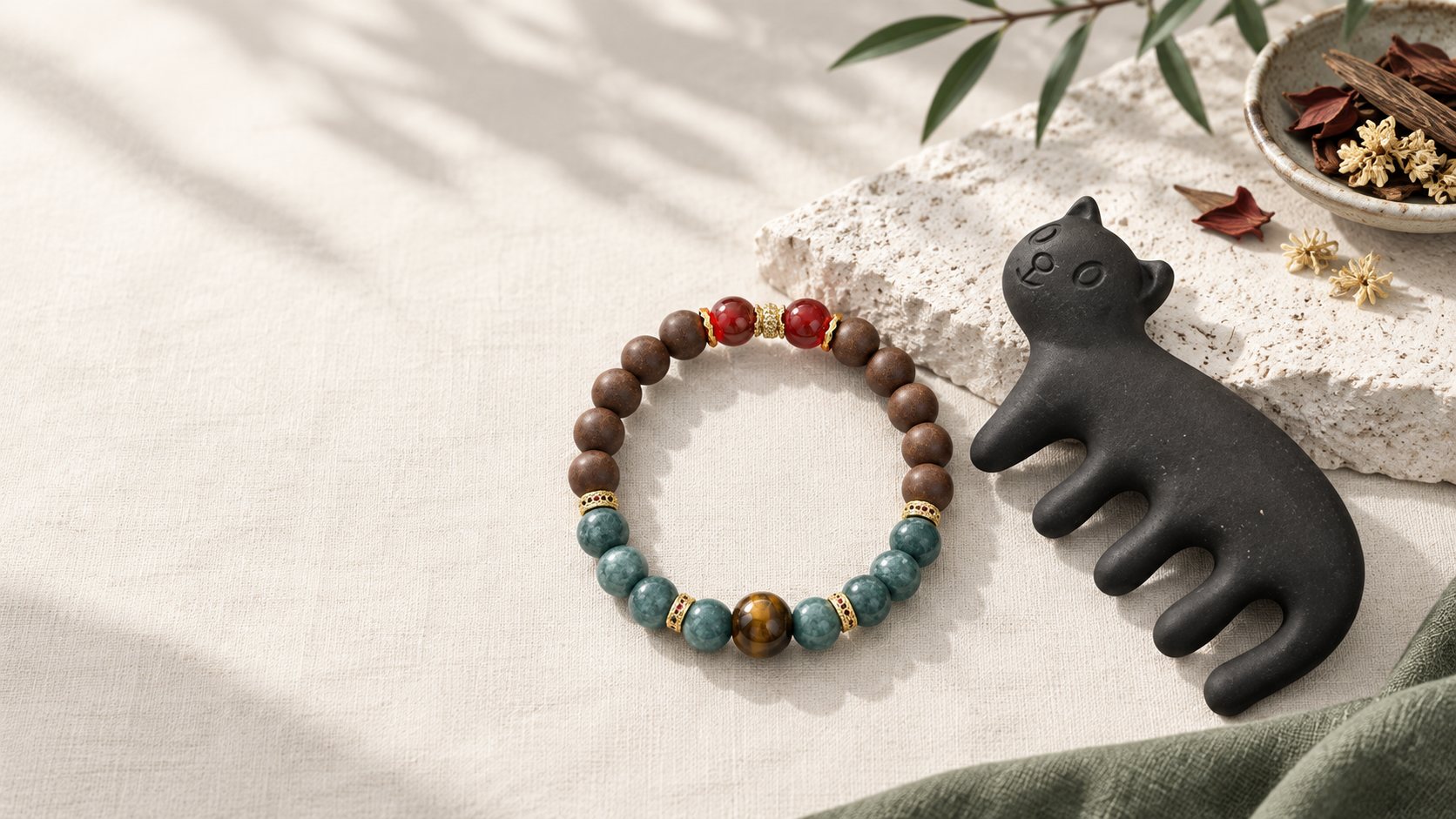 He Xiang bracelet and sculptural bird comb on pale linen